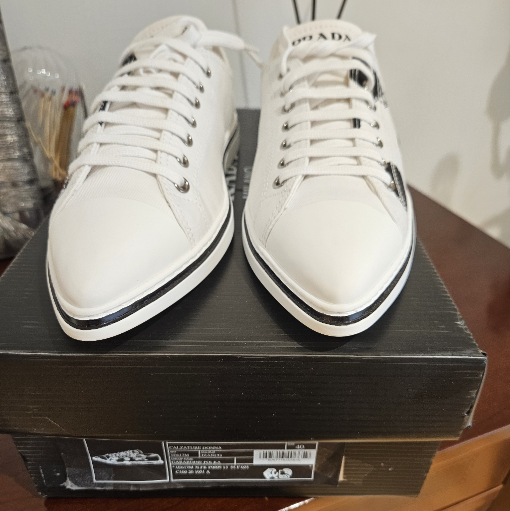 Prada Women's 1e617m White Fabric Synthesis Polka Dot Pointy Sneaker, Size 40